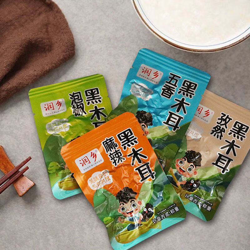 i东宁润乡即食黑木耳小袋装东北特产麻辣泡椒木耳秋木耳零食 4个味道