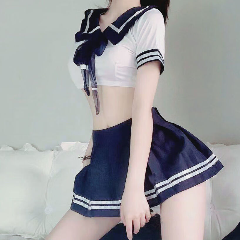 日系二次元性感学生装制服水手服女套装纯欲超短百褶裙 蓝白(一套 不