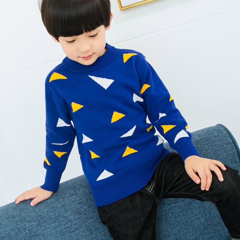 绒中羊童装男童毛衣套头双层加厚纯棉中大童线衣儿童针织衫秋冬款 双层加厚藏青横花 150 建议身高135-145cm