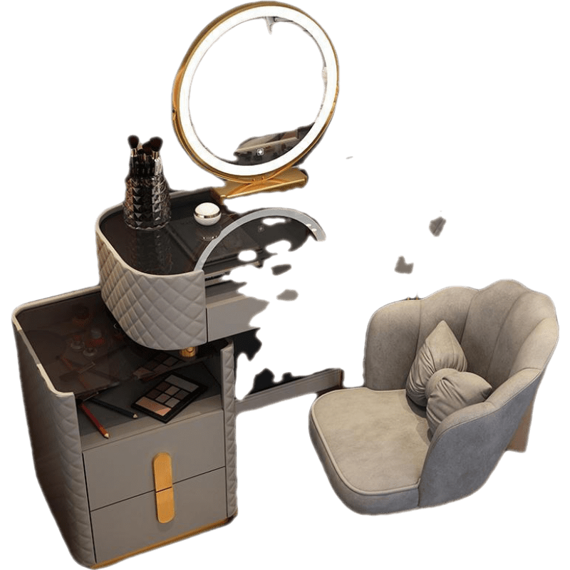 千番町  新款梳妆台轻奢极简小户型卧室轻奢化妆桌一体ins风网红化妆台化妆柜 80灰黑玻璃面+柜+智能镜金灰椅 整装