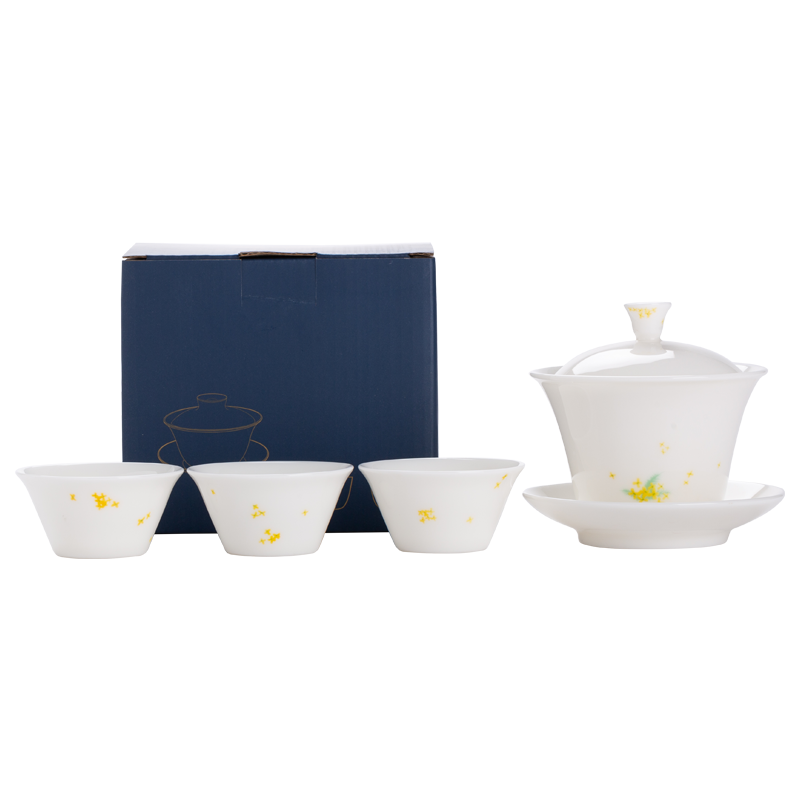 苏氏陶瓷（SUSHI CERAMICS）羊脂玉白瓷三才盖碗套装一个泡茶盖碗三个功夫茶杯陶瓷茶具礼盒装