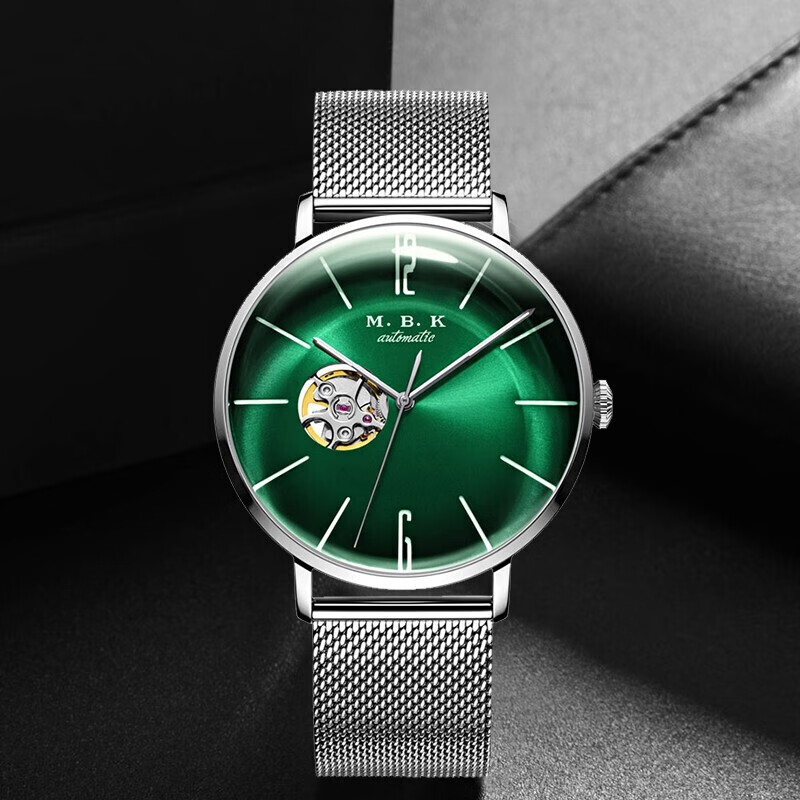 M.B.K美国品牌进口手表男士全自动机械表镂空弧面夜光防水十大男士腕表 M1009G1碧玉绿面皮带进口机芯