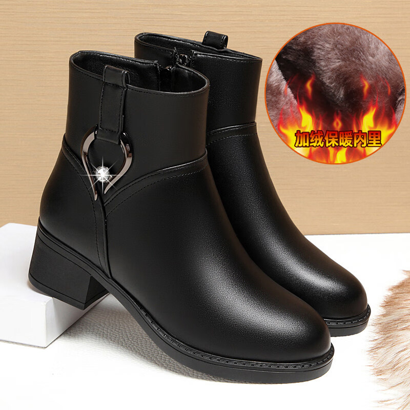 蜜凡苏中老年女式软底软皮皮棉靴妈妈皮鞋二棉鞋鞋棉鞋女秋冬季加绒