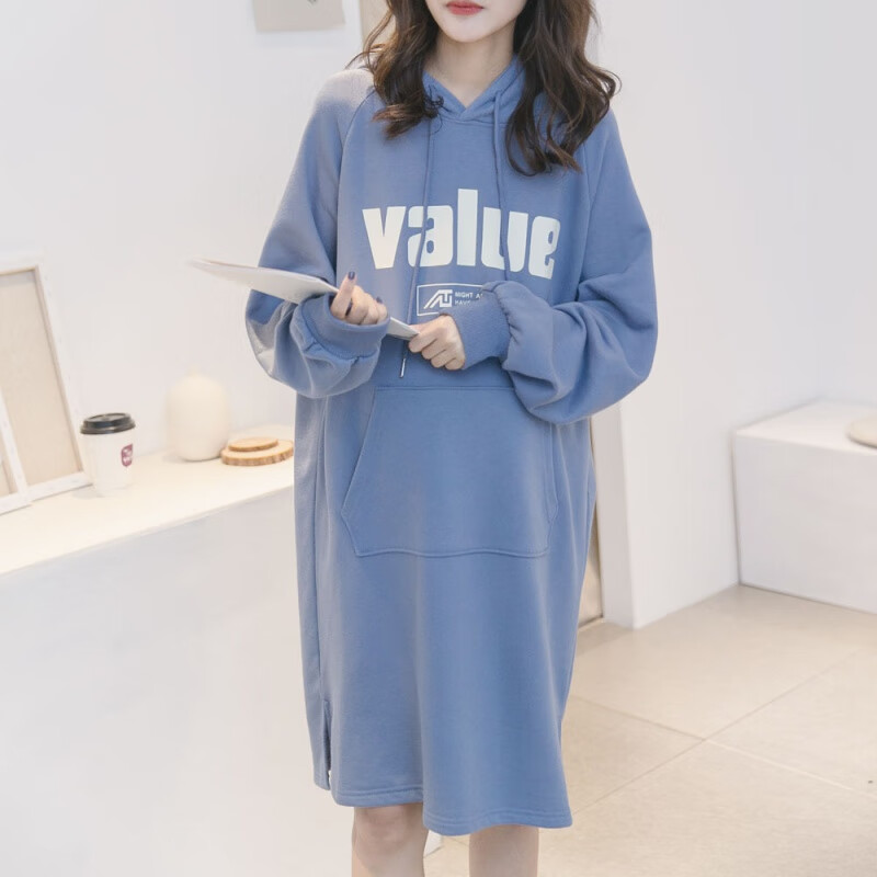 VALOR MAN春秋款孕妇装时尚连帽印花卫衣宽松大码长款上衣洋气减龄卫衣潮妈 蓝色 均码
