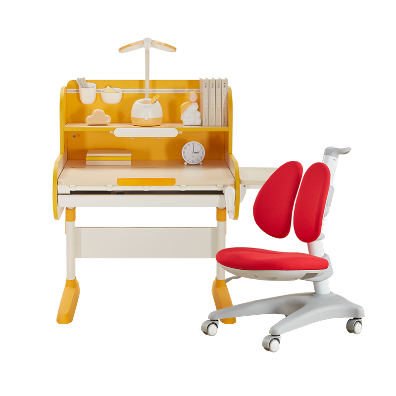 【小户型专享】护童儿童学习桌小学生家用升降写字书桌 桌椅套装 MINI象桌椅套装小户型80cm MINI象桌_黄+LUCKY椅红(配黄色椅套)