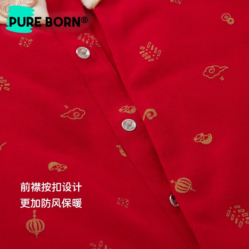 博睿恩新生婴儿爬服冬季唐装男女宝宝过年衣服夹棉保暖红色拜年连体衣 爆竹满印 90cm