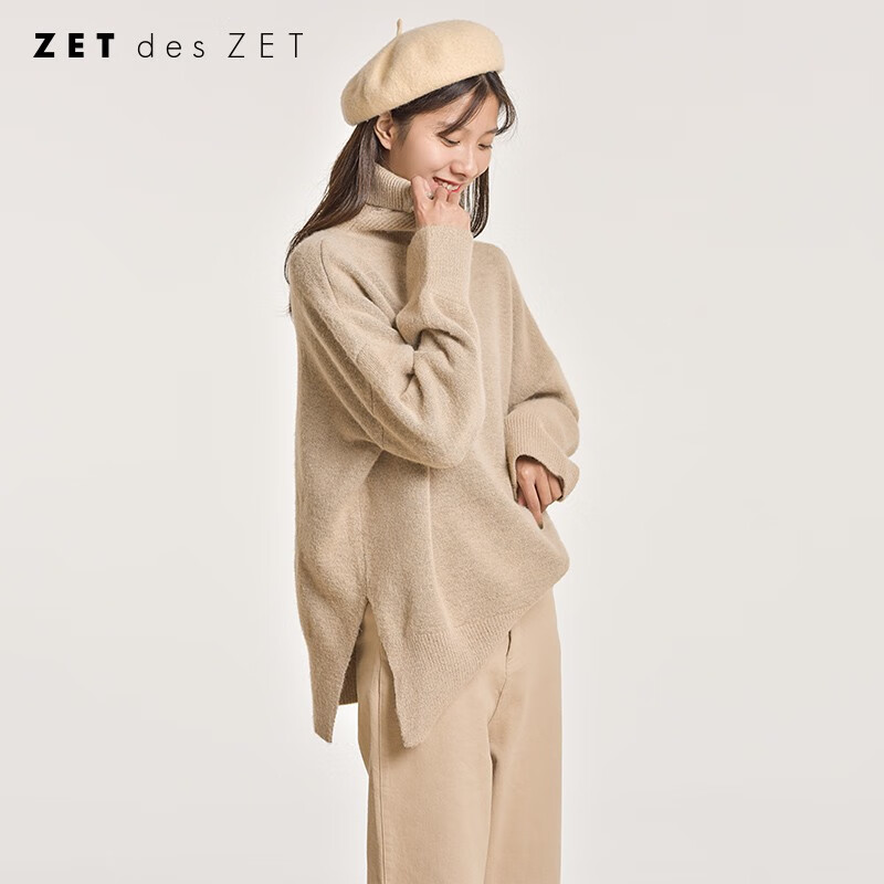 ZET des ZET 新款冬季加厚纯色中长款针织衫文艺复古高领宽松开叉毛衣女 194144 杏色 均码