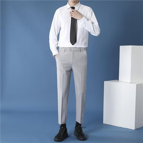 生男士白衬衫西裤两件套商务纯色长袖衬衣九分西装裤搭领带休闲套装