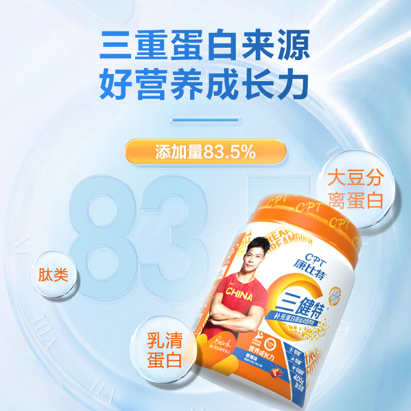 康比特三健特增肌粉乳清蛋白粉400g添加DHA青少年儿童便携装训练运动健身补剂复合营养粉草莓果粒味