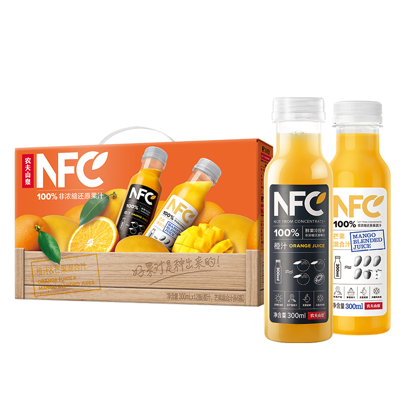 农夫山泉 100%NFC果汁饮料 300ml*12瓶（6瓶橙汁+6瓶芒果混合汁）缤纷礼盒