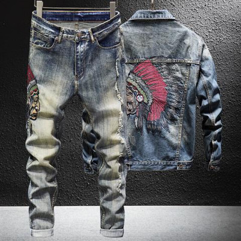 好运鲨哈雷摩托车骑行服复古 春秋新款印第安人刺绣牛仔套装男士潮牌