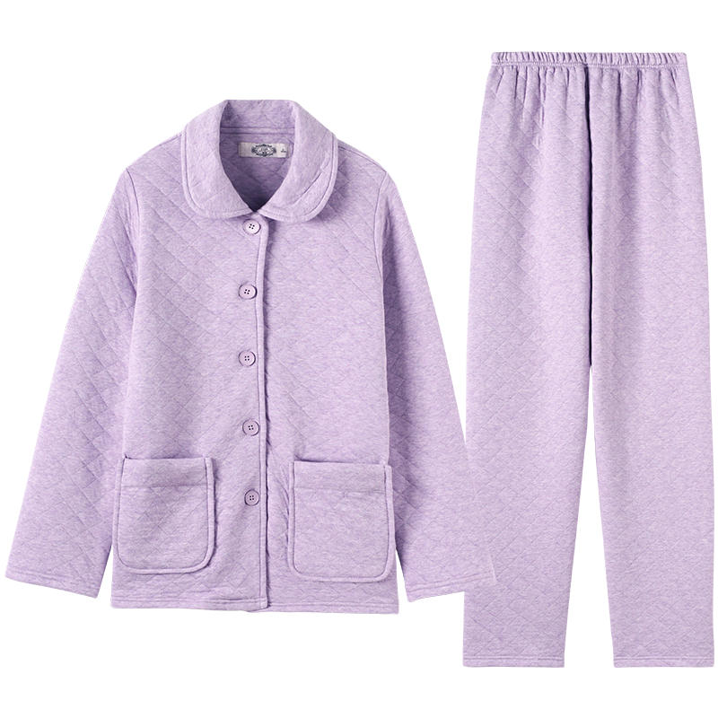 美標新款三層加厚夾棉純棉睡衣套裝女秋冬全棉可外穿夾層保暖家居服 香芋紫（三層針織夾棉） M （160/84A）