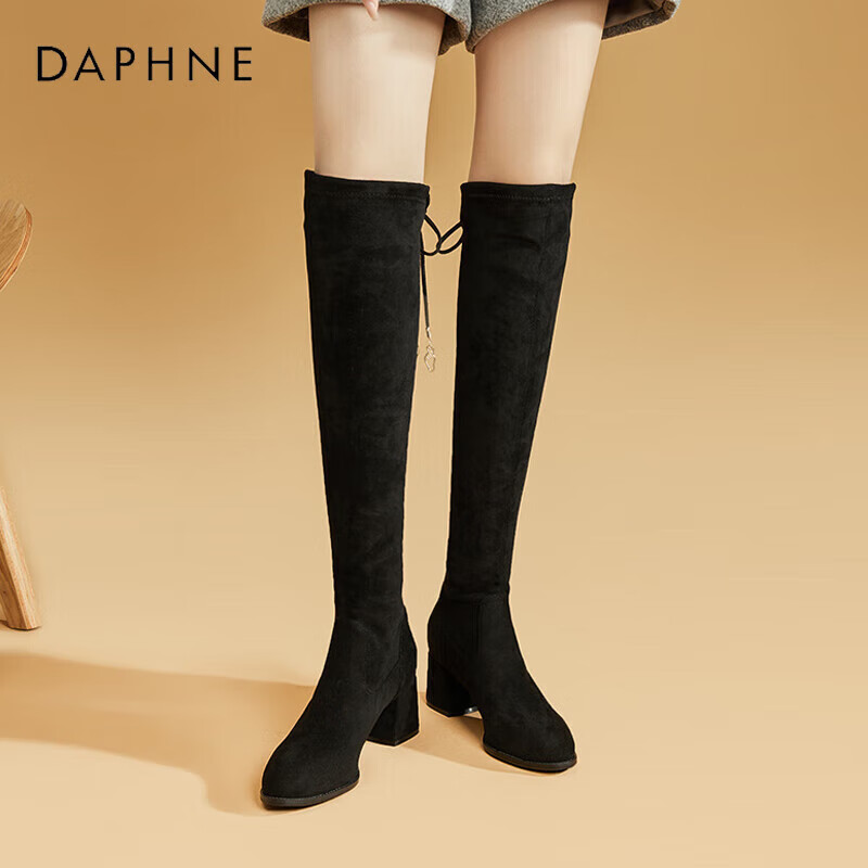 长筒靴女春秋夏季过膝长筒靴尖头粗高跟修身骑士靴绒面高筒靴子 