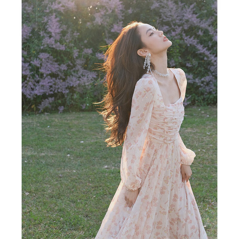 妤遇（YUUZYUUS）法式连衣裙女2026夏季新款碎花温柔风方领气质仙女收腰显瘦长裙 粉红色 M