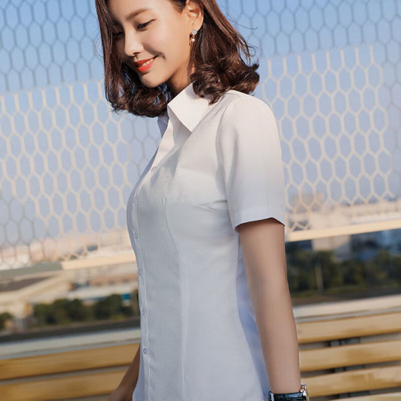 贝吉棋夏季短袖衬衫女士商务正装工作服浅蓝色衬衣修身韩版工装ol通勤