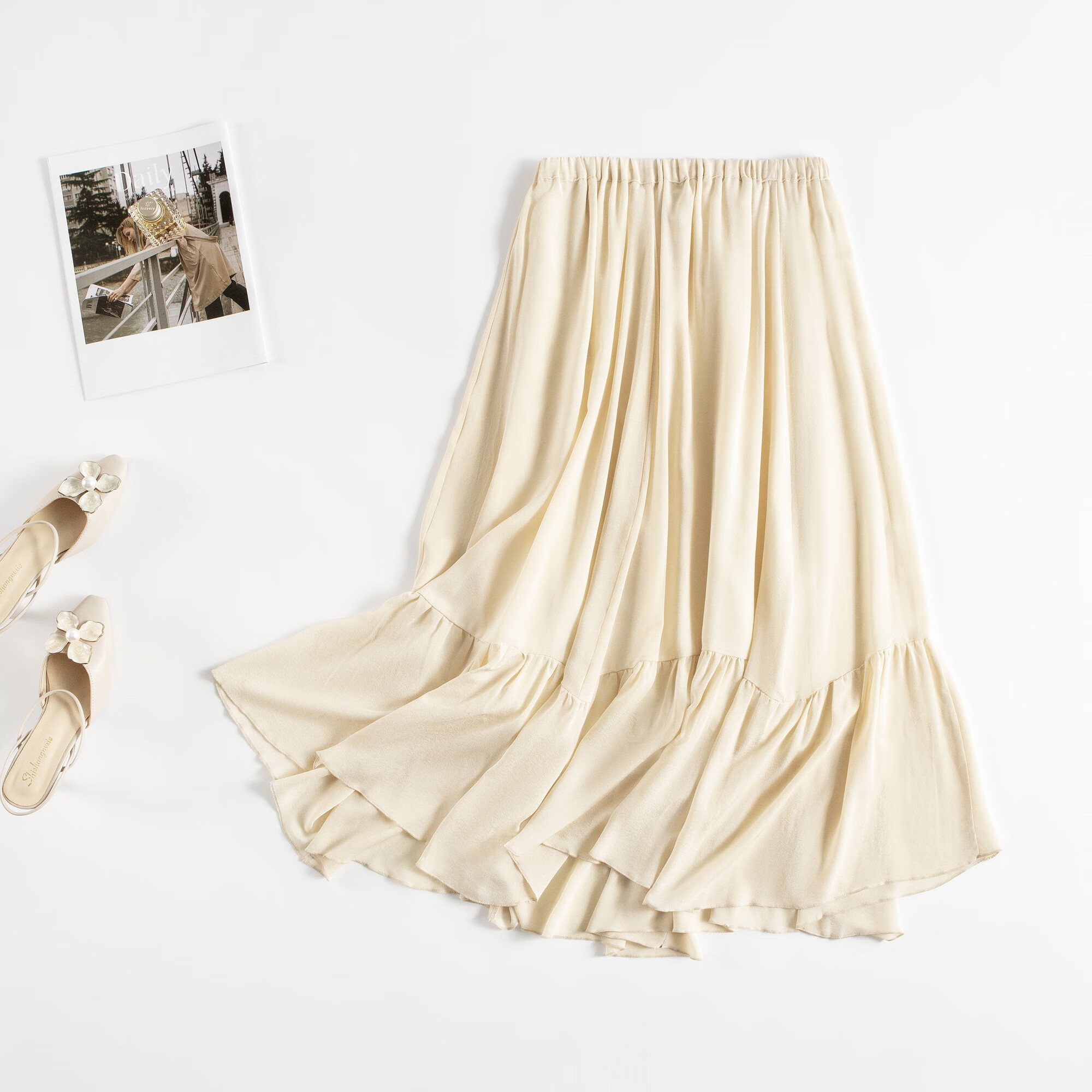 菲奢兰桑蚕丝大摆半身裙23姆米重磅真丝鬼绉长裙米色夏季沙滩大摆裙
