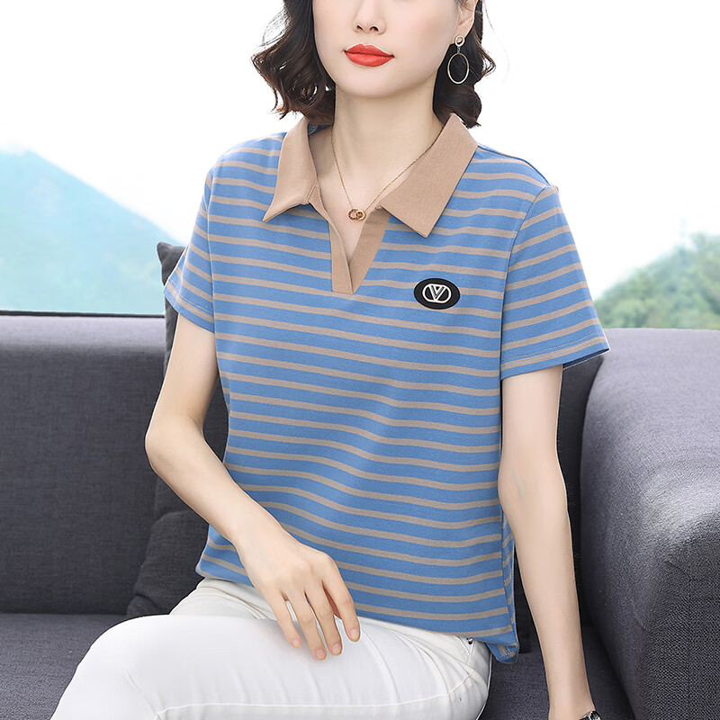 榄舍女装中老年条纹翻领短袖t恤女中年新款夏装妈妈polo领时尚宽松 蓝