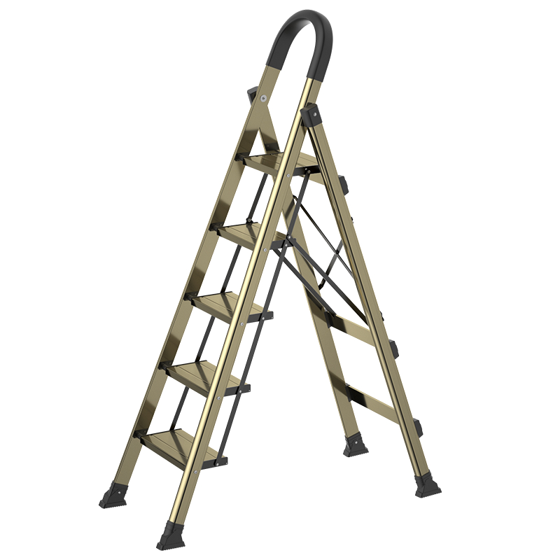好太太家用梯子室内多功能折叠伸缩人字梯加厚铝合金五步小楼梯 铁梯工程梯扶手梯【好太太品牌联盟合作款】 D-5111 香槟金 五步梯 高配加厚款