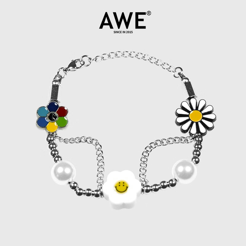 awe官方潮牌太阳花笑脸珍珠手链情侣嘻哈雏菊项链段宜恩庆怜明星同款