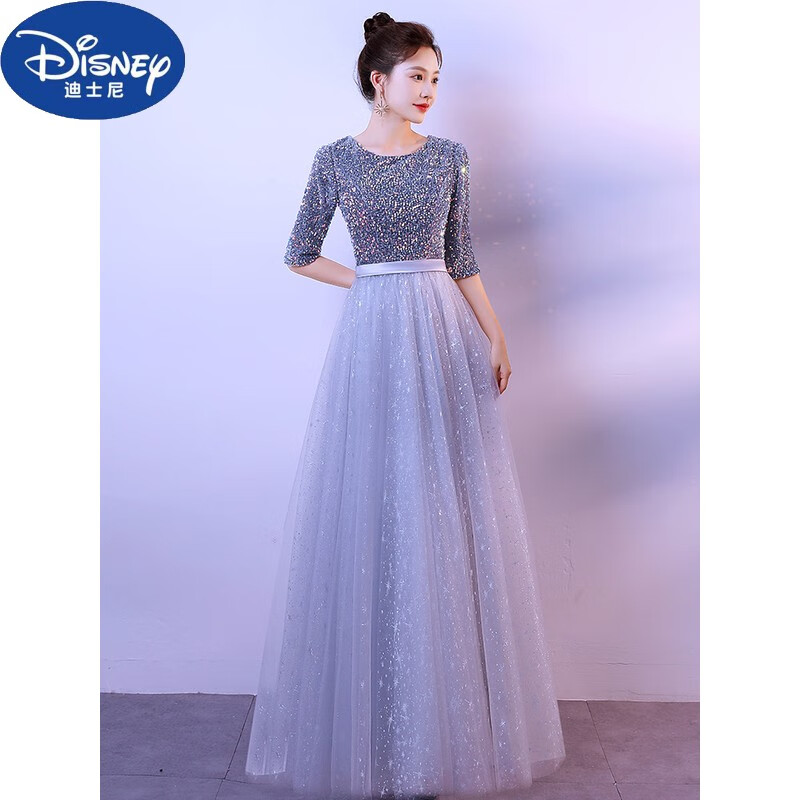 迪士尼（Disney）大合唱演出服女长裙新款主持人学生礼艺考钢琴表演宴会晚礼服 灰色 4XL