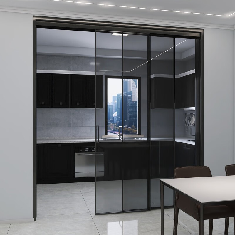 画间三联动玻璃推拉门极简窄边框厨房门灰油砂玻璃移门地轨铝镁合金