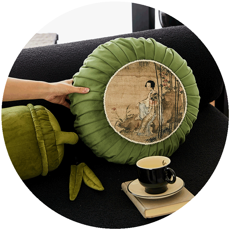 蜡笔派东方竹韵抱枕国画花鸟法式中国风氛围感复古客厅沙发靠垫枕 竹节-柱形抱枕 直径18cm*长66cm（含芯）