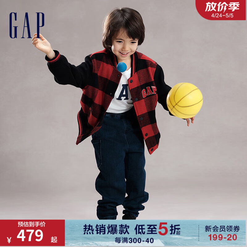 GapX 8ON8 龙年系列男童春季2024夹克847277 红黑方格 110cm(XXS) 亚洲尺码