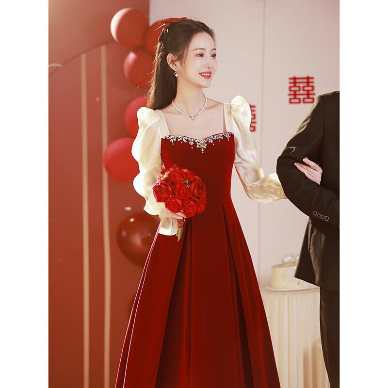 塞德勒（SAIDELE）敬酒服2023新款新娘酒红色春季平时可穿纱袖订婚连衣裙出阁宴礼服 酒红色 XL (建议116-125斤)
