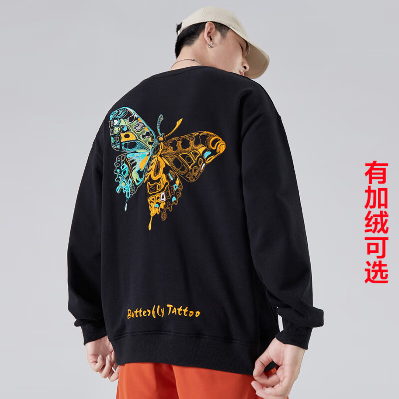 supreme)圆领卫衣男装潮牌秋季中国风蝴蝶刺绣宽松情侣国潮上衣服男士