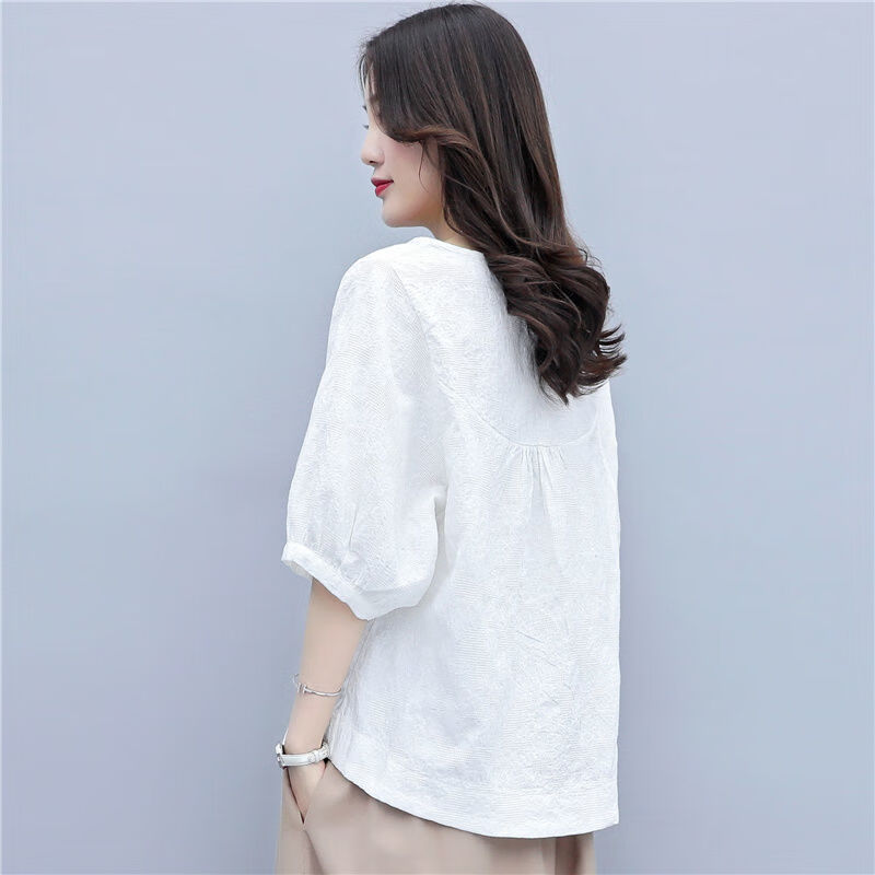 棉麻t恤女年夏季新款韩版宽松显瘦女装休闲百搭套头上衣 白色 xxs 0