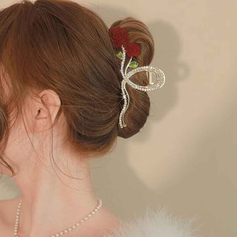 弥俏新娘红色优雅盘头发头饰发夹子抓夹后脑勺大号鲨鱼夹发量多发卡子
