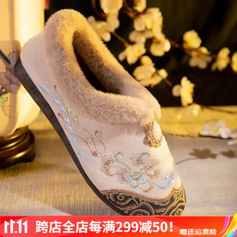 娟的绢2023年冬季绣花棉鞋加绒保暖平底民族风刺绣妈妈鞋高帮老北京布鞋 米色（正码  脚宽建议大一码） 40高性价比高么？