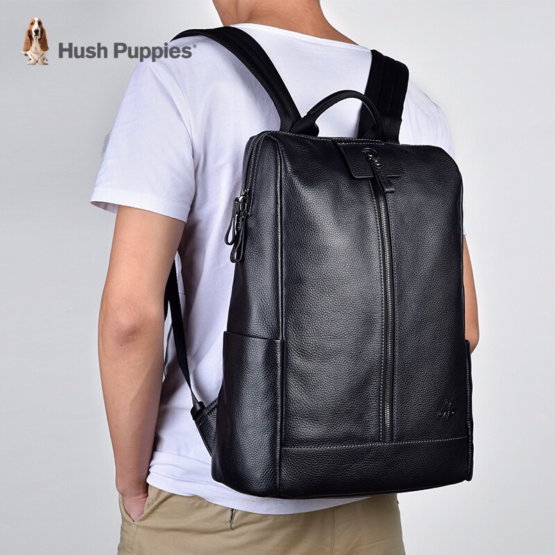 暇步士（Hush Puppies）双肩包男头层牛皮男士背包真皮休闲大容量学生书包商务电脑包男包 黑色761W单拉链款 599元