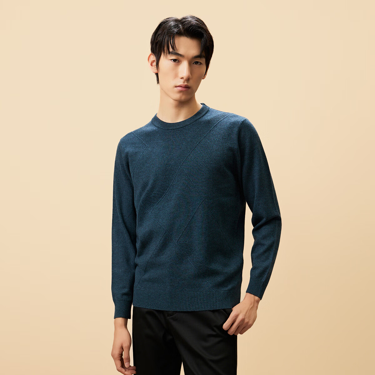 春竹羊毛衫男休闲保暖宽松针织毛衣圆领男套衫 墨黑 m/105cm