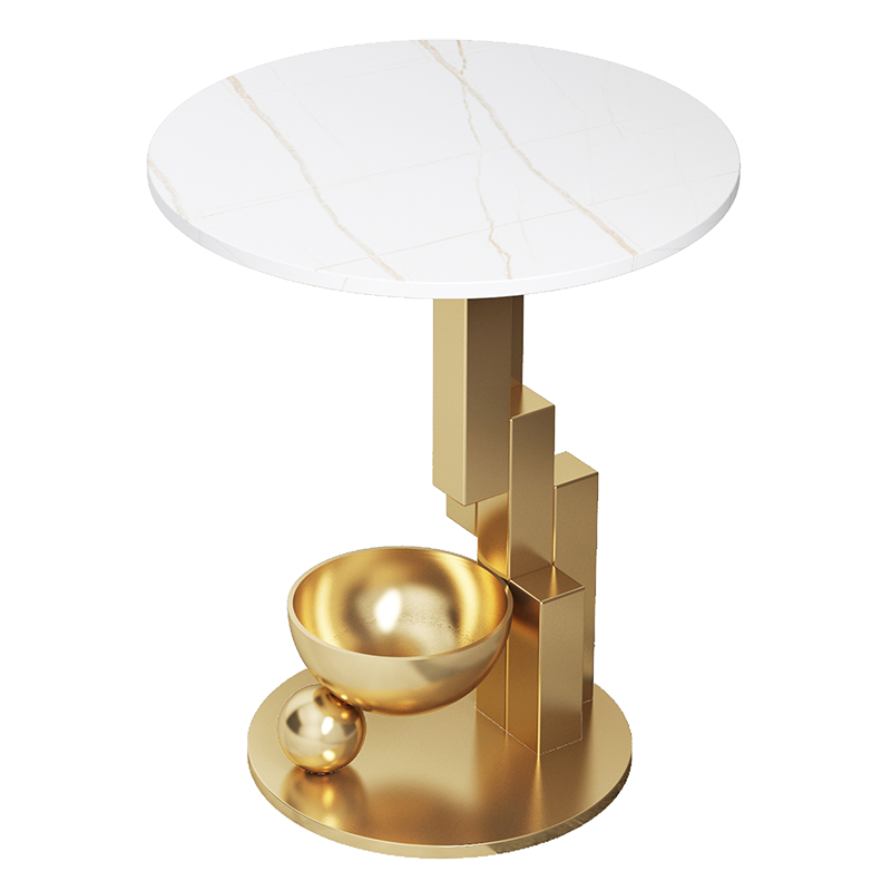 忆凡不锈钢轻奢角几大理石岩板边几客厅沙发边桌阳台小圆桌床边柜创意桌子小茶几圆几床头柜 钛金+岩板白金(直径50cm 高60cm)