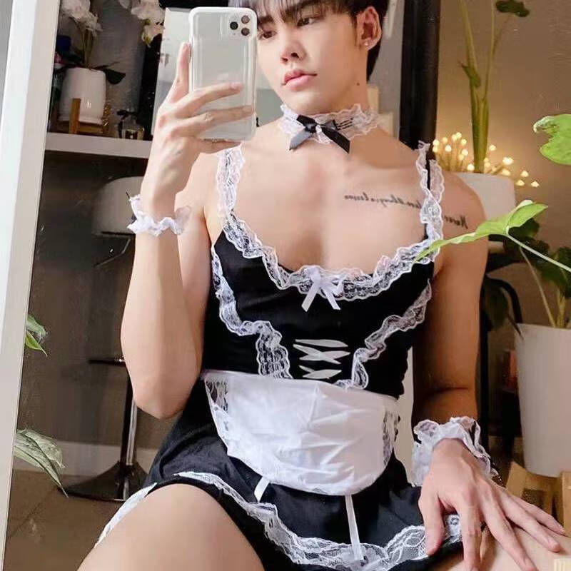夜店青年男士性感男生镂空短裙角色扮演者男佣男仆吊带蕾丝男伪 g029