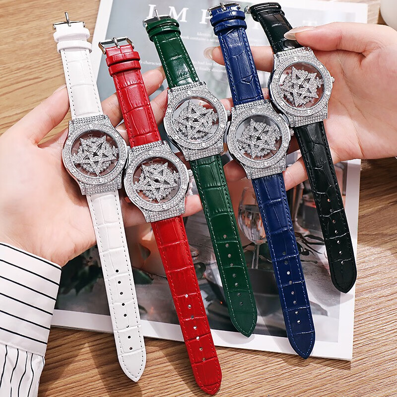 三达五芒星手表女士时来运转轻奢小众雪花女神送礼高级感明星同款腕表 银壳白皮带【镶钻五芒星】