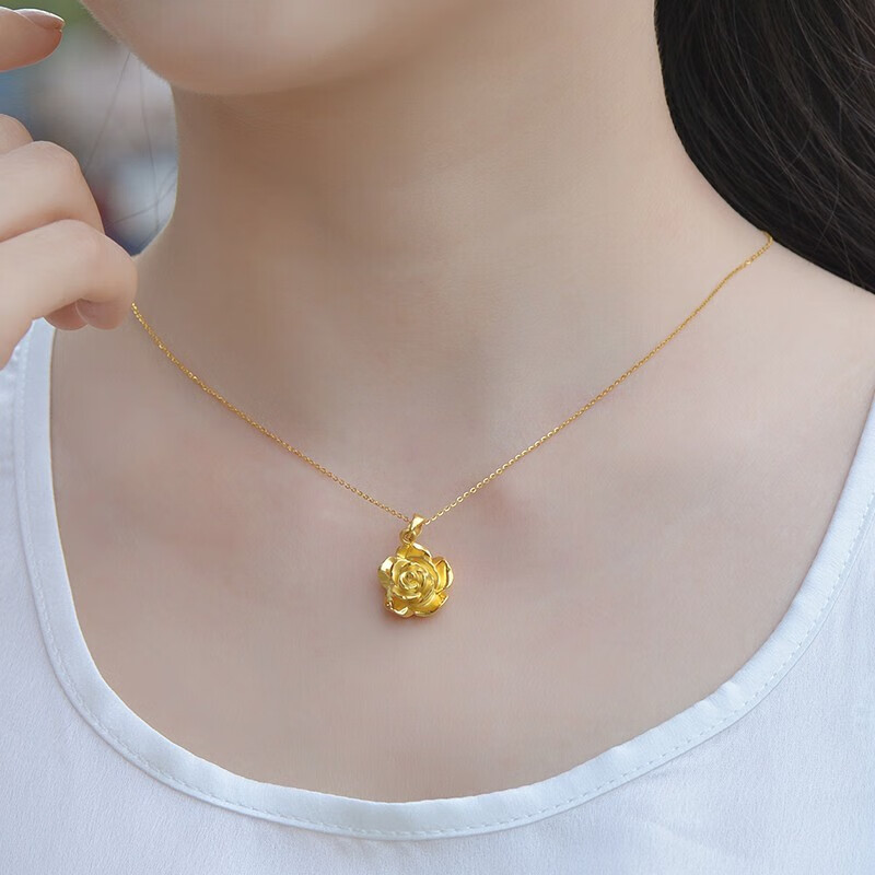 北欧之恋黄金项链女3d硬金黄金吊坠女玫瑰花999足金转运珠项链18k金