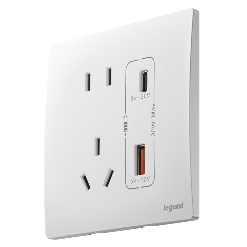 罗格朗开关插座面板未莱陶瓷白家用86型暗装五孔USB多孔墙壁5孔电源开关 五孔USB A+C 30W充电插座