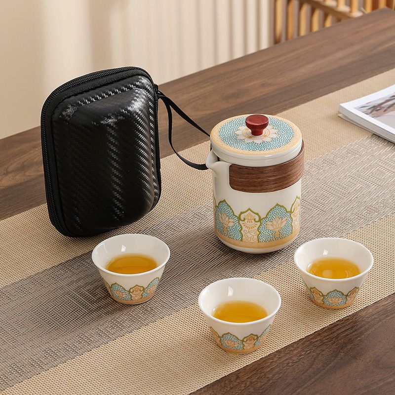 便携式整套茶具旅行茶具套装收纳包喝茶装备陶瓷快客杯功夫泡茶壶 月白-一壶三杯+小黑包