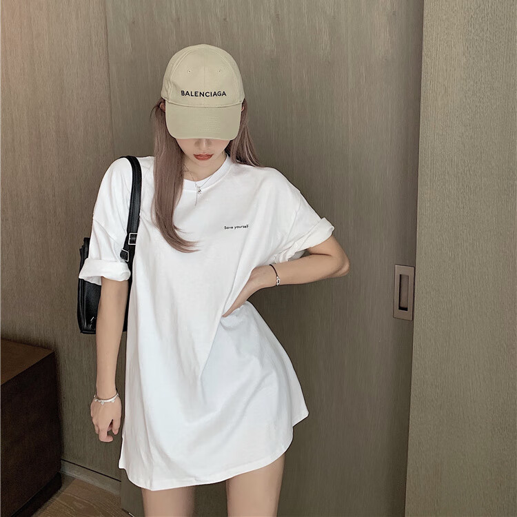 斤特大码超胖女人连衣裙中长款简约中长款遮臀短袖t恤女春夏30 白色