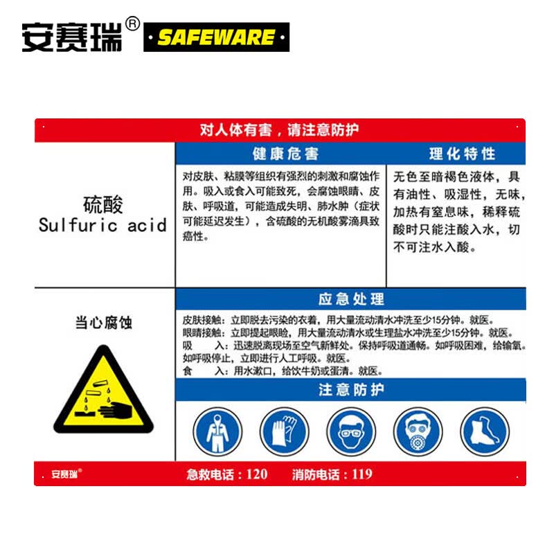 安赛瑞 危化品安全告知牌(硫酸)职业病危害告知卡 pvc板标牌 60×45cm