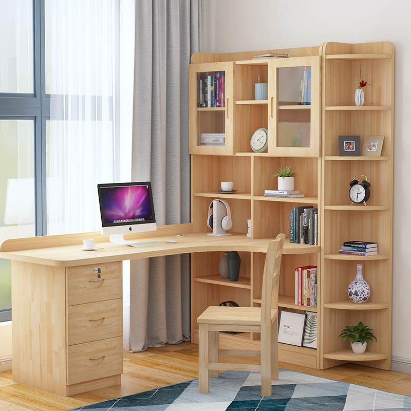 实木学生写字桌转角台式书架简约现代书桌角柜组合立柜配套电脑桌