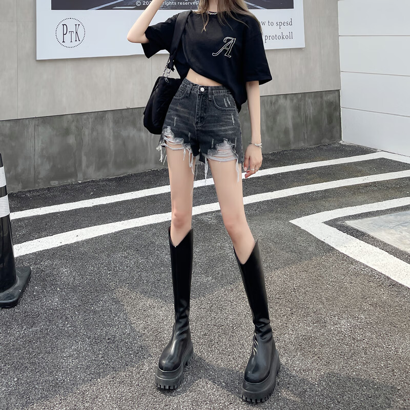 漫蒂薇牛仔短裤女破洞夏季2024年新款高腰薄款烟灰色超显瘦毛边a字