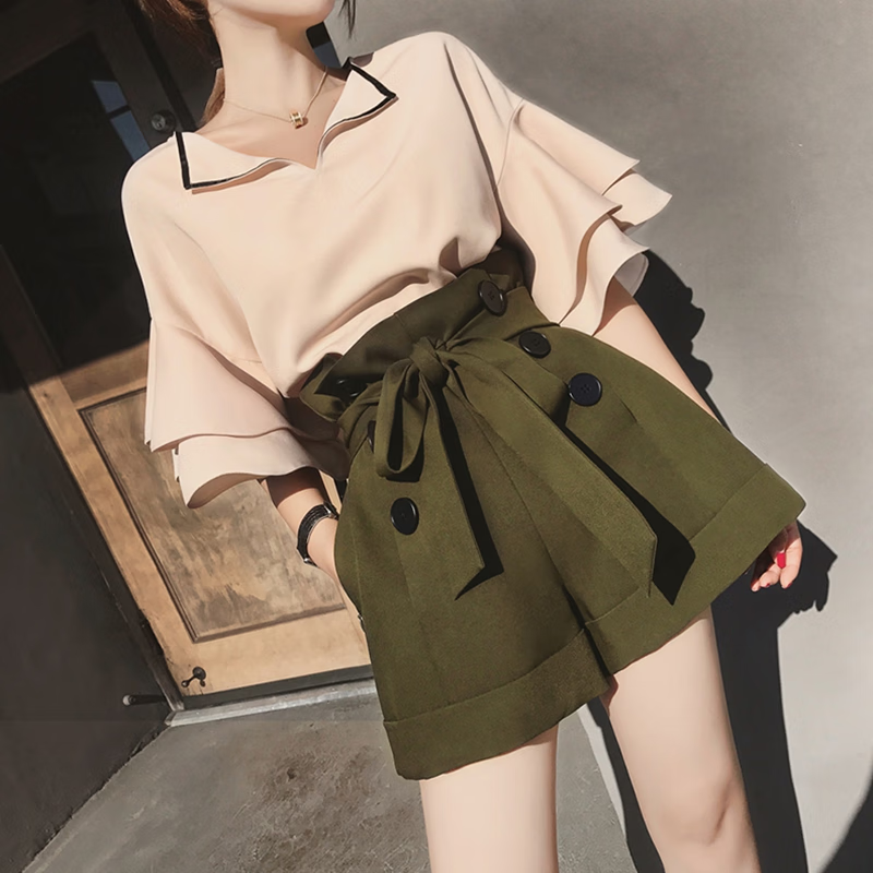 套装女150cm套装显高中年人娇小装145网红短夏 浅粉色上衣 军绿色ku子