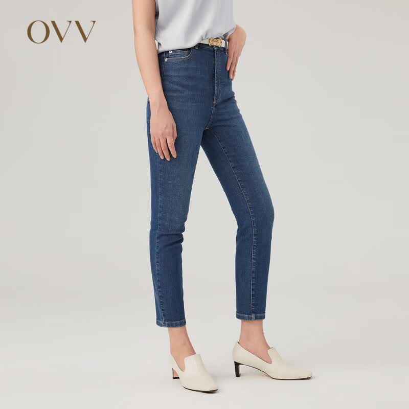 OVV秋冬热卖女装意大利进口棉质面料高腰修身锥形牛仔裤 藏青(净色)A5 26