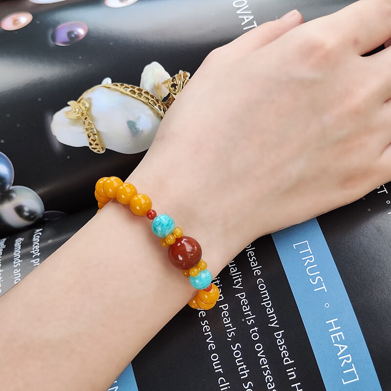 她世代【母亲节礼物】天然蜜蜡圆珠手串老蜜琥珀南红翡翠转运珠手链 南红款(866474)