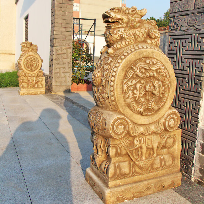 京石云京石云 石雕门墩一对汉白玉仿古麒麟抱鼓石中式 庭院 门口摆件