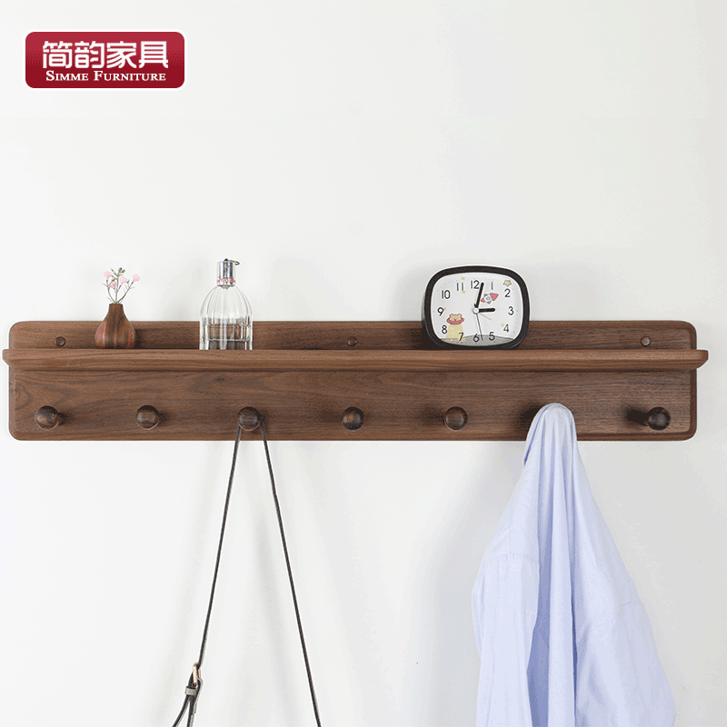 簡韻（JianYun）北美黑胡桃木實(shí)木一字板試衣間長排衣帽掛鉤門后墻上置物架掛衣架 黑胡桃掛衣架-80厘米-自己安裝
