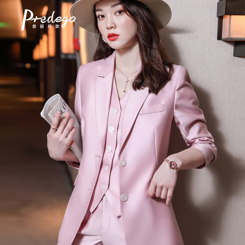 普麗丹歌（Predego） 長袖小西裝女職業(yè)套裝女式西服新款修身白領(lǐng)職業(yè)裝西裝商務(wù)裝 粉色(西裝+馬甲+長褲) XL (體重110-120斤）